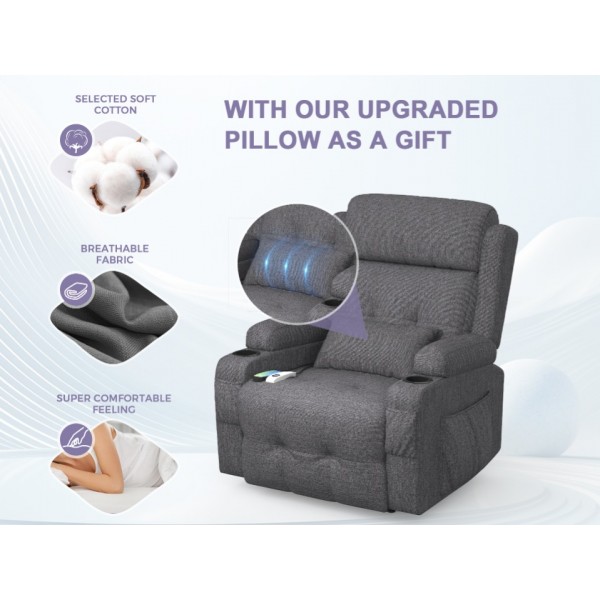 BareTay Recliner Armchair Electric Recliner Chair with Massage & Heat, Extended Footrest,Reclining Chair Lounge Sofa with Extra Pillow, Type C+USB Dual Drink Holders, 4 Side Pockets Padded Recliners