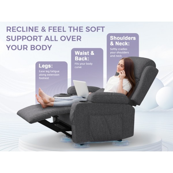 BareTay Recliner Armchair Electric Recliner Chair with Massage & Heat, Extended Footrest,Reclining Chair Lounge Sofa with Extra Pillow, Type C+USB Dual Drink Holders, 4 Side Pockets Padded Recliners