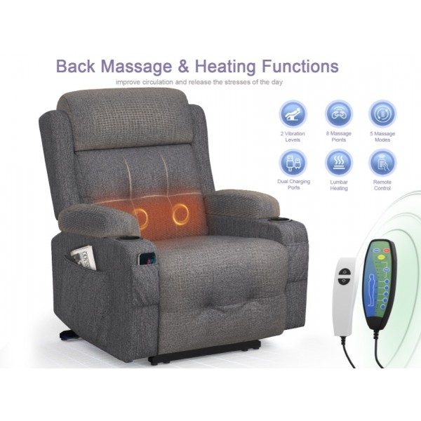 BareTay Recliner Armchair Electric Recliner Chair with Massage & Heat, Extended Footrest,Reclining Chair Lounge Sofa with Extra Pillow, Type C+USB Dual Drink Holders, 4 Side Pockets Padded Recliners