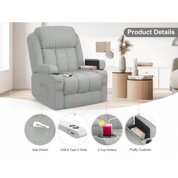 BareTay Lift Chairs Recliner Chairs For the Elderly with Massage & Heat, Extended Footrest Padded Backrest & Seat, USB+Type C Ports, 2 Cup Holders 2 Side Pockets