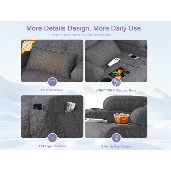 BareTay Recliner Armchair Electric Recliner Chair with Massage & Heat, Extended Footrest,Reclining Chair Lounge Sofa with Extra Pillow, Type C+USB Dual Drink Holders, 4 Side Pockets Padded Recliners